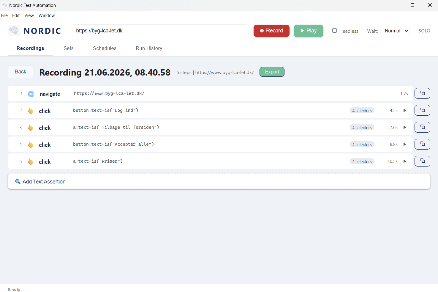 Nordic Test Automation med fem optagede trin og knapper til at afspille testen.